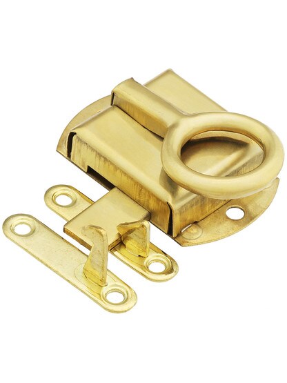 Solid Brass Hoosier Right-Hand Cabinet Latch in Un-Lacquered Brass.